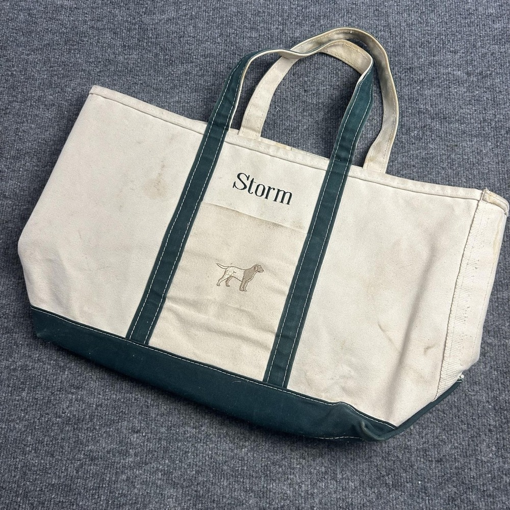 L.L.Bean Boat And Tote Bag Large White Green Dog Embroidered Monogram Storm
